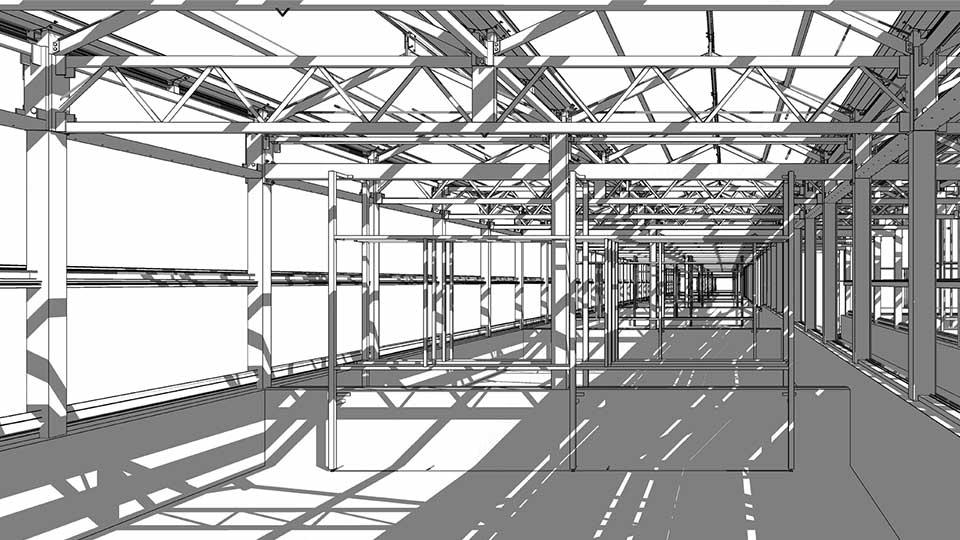 工場の鉄骨骨組をREVITでモデリングイメージ